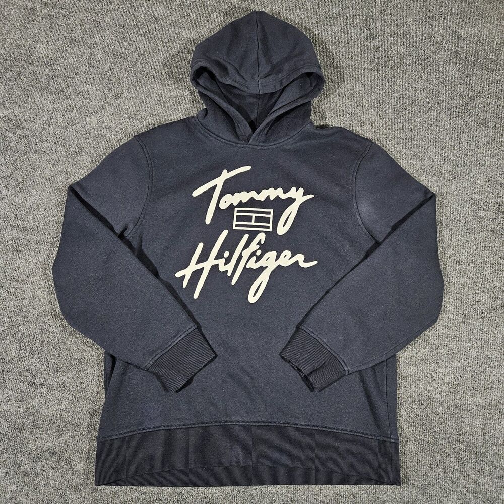 Tommy Hilfiger Mens Hoodie Large L Navy Blue Script Cursive Logo Sweatshirt